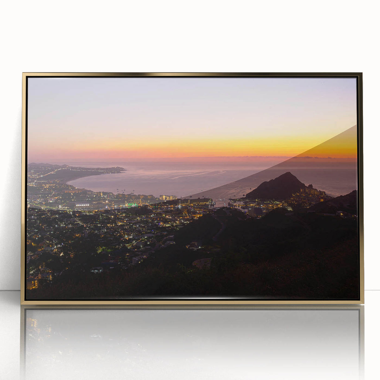 Framed acrylic print of Cabo San Lucas scenery in gold tones, ideal for modern art wall decor.