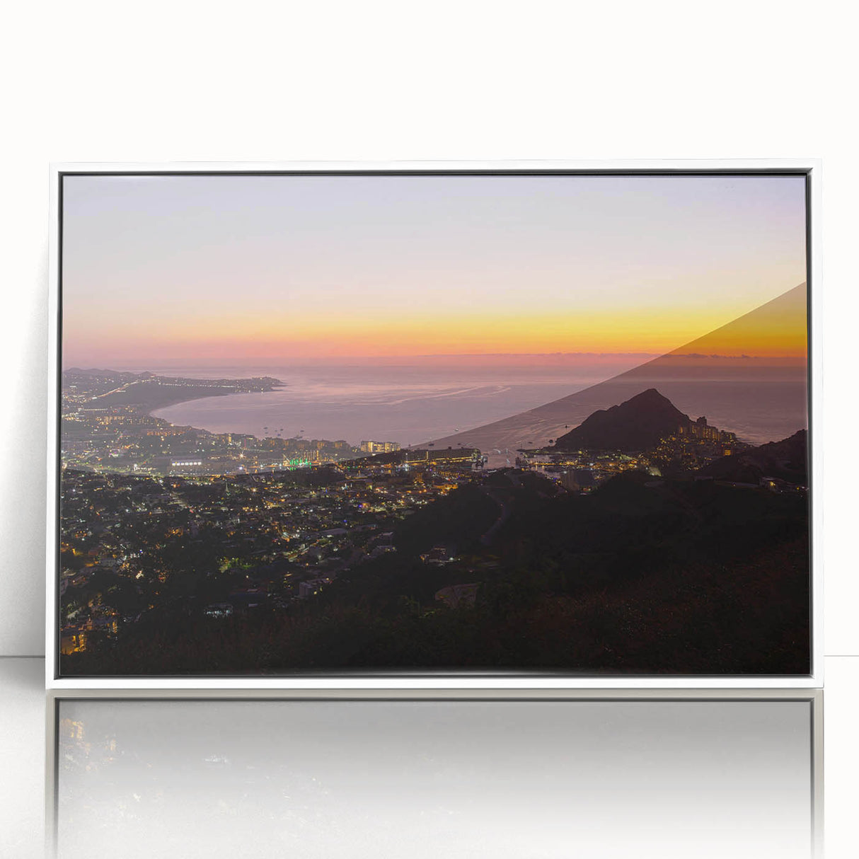 Framed acrylic print of Cabo San Lucas scenery in pastel shades, ideal for modern art wall decor.