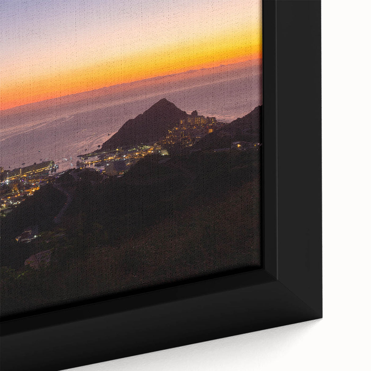 Extra large framed canvas of Cabo San Lucas scene in textured black with vibrant color accents, ideal for living room decor.