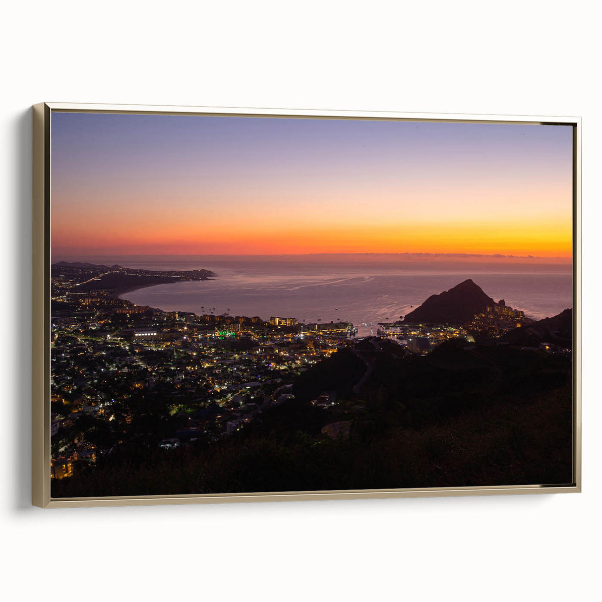 Framed canvas of Cabo San Lucas landscape with gold accents, ideal for bedroom wall art.