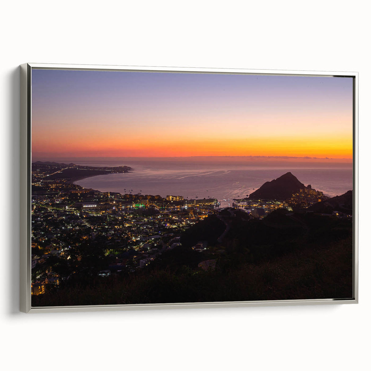 Framed canvas landscape art painting of Cabo San Lucas with vibrant colors, ideal for a living room.