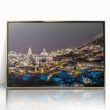 Mid-century modernist art of Mexico City skyline in gold and blue tones, acrylic print framed.