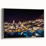 Framed canvas landscape art painting depicting a colorful Mexico City scene in vintage poster style.