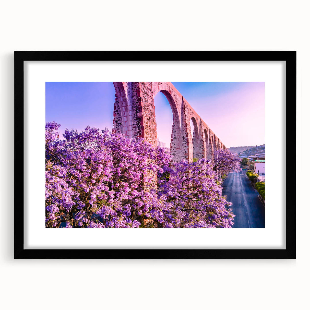 Extra large framed abstract print of a colorful Guanajuato scenery in vibrant hues, ideal for living room decor.
