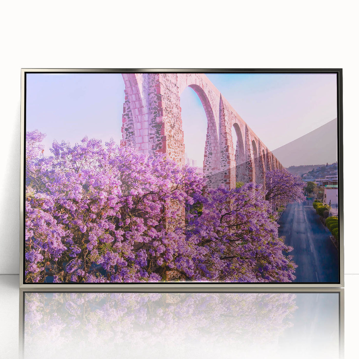Mid-century modernist art of Guanajuato scenery in muted colors, silver-framed acrylic, ideal for modern art wall decor.