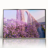 Mid-century modernist art of Guanajuato scenery in muted colors, silver-framed acrylic, ideal for modern art wall decor.