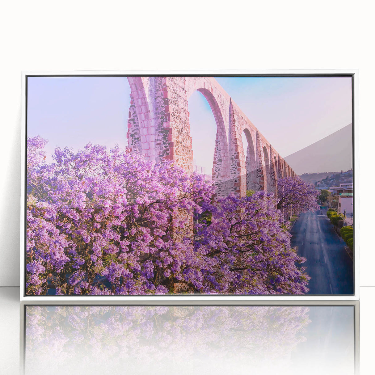 Acrylic print of Guanajuato, Mexico scenery in art deco style with a white frame, ideal for modern art wall decor.