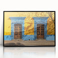 Large abstract wall art depicting a vibrant Oaxaca, Mexico scenery in mid-century modernist style, framed in black acrylic.