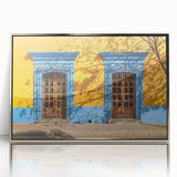 Mid-century modernist art depicting Oaxaca scenery in muted earth tones on a silver-framed acrylic.