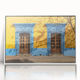 Art deco poster of Oaxaca scenery in muted colors on white framed acrylic, suitable for modern nursery wall decor.