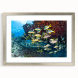 Textured abstract art print depicting a serene Quintana Roo scenery in muted earth tones, framed in silver.