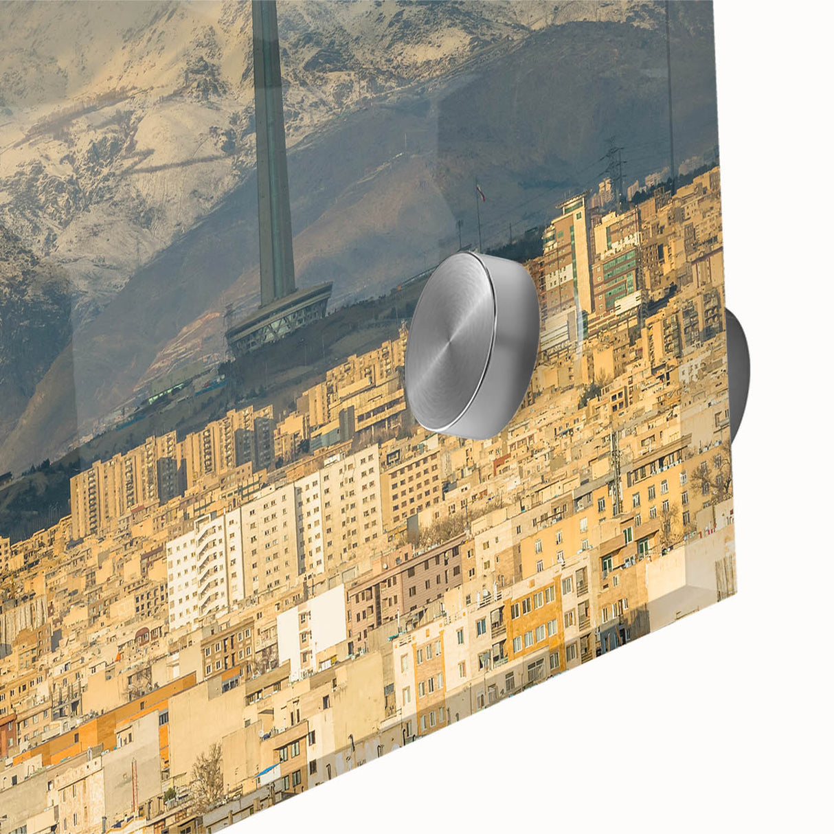 Large abstract wall art depicting a Middle Eastern scenery in muted earth tones on acrylic glass.