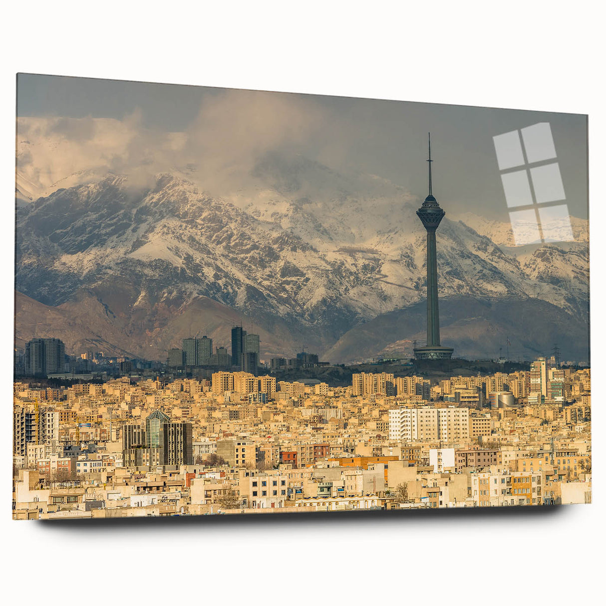 Large abstract wall art of a Middle Eastern scenery in muted earth tones on acrylic glass.