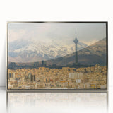 Mid-century modernist art depicting a scenic view of Middle Eastern architecture.