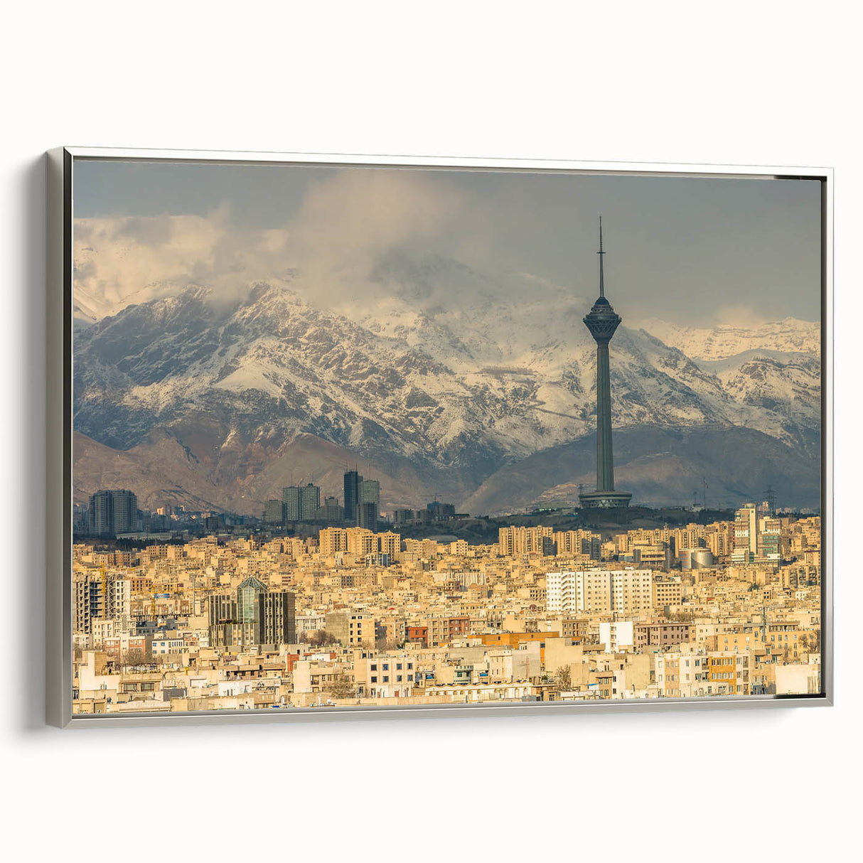 Landscape art painting of a Middle Eastern scene in vibrant colors on a framed canvas.