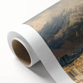 Art deco style poster of Middle Eastern scenery in muted earth tones on rolled canvas, ideal for dining room wall art.