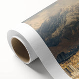 Art deco style poster of Middle Eastern scenery in muted earth tones on rolled canvas, ideal for dining room wall art.