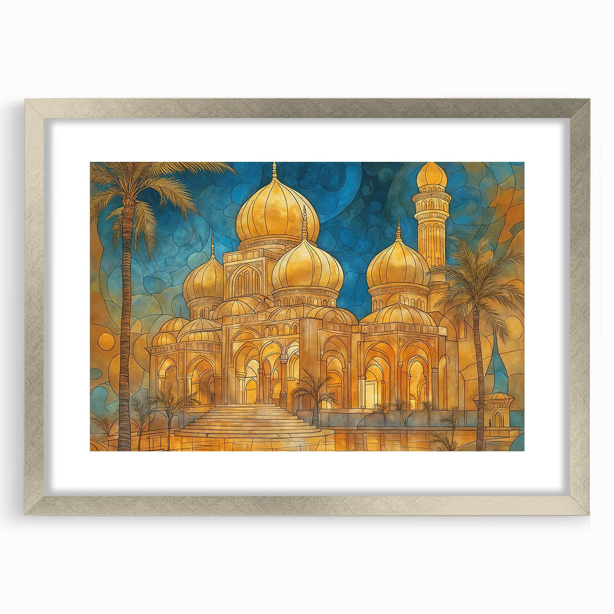 Textured abstract art print depicting a Middle-Eastern scenery in muted earth tones, framed in silver, ideal for bedroom art.