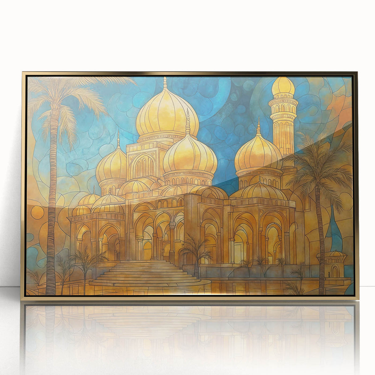 Mid-century modernist style large art print of an Iraqi scenery in gold tones on a framed acrylic.