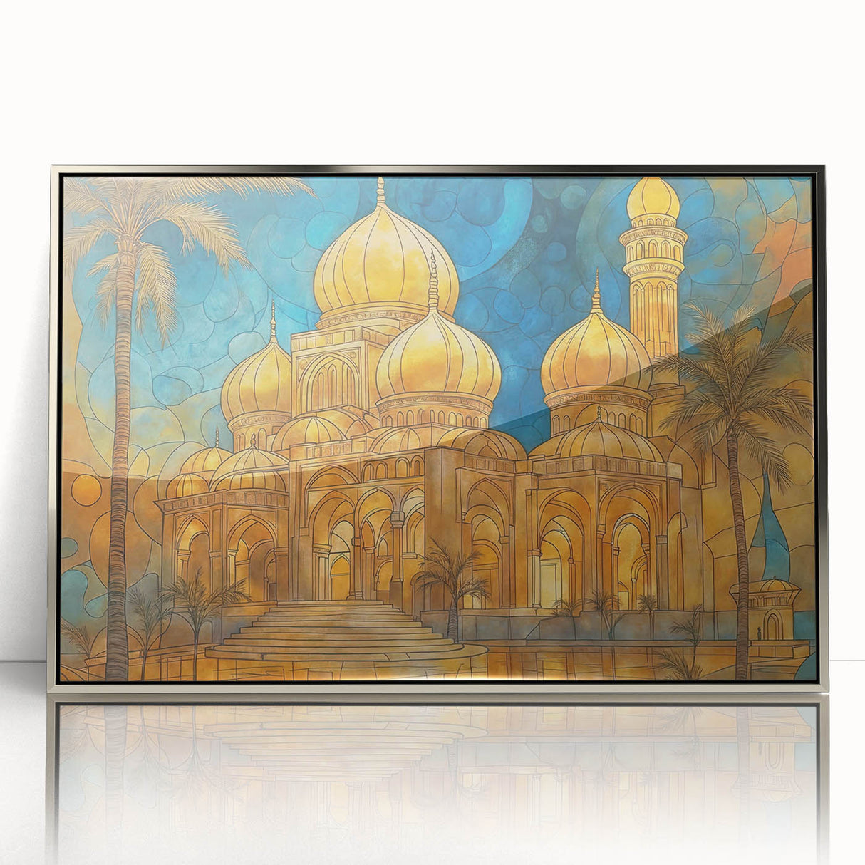 Mid-century modernist art depicting a serene Middle-Eastern landscape in muted earth tones, framed acrylic.