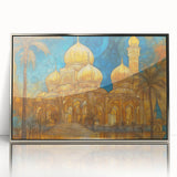 Mid-century modernist art depicting a serene Middle-Eastern landscape in muted earth tones, framed acrylic.