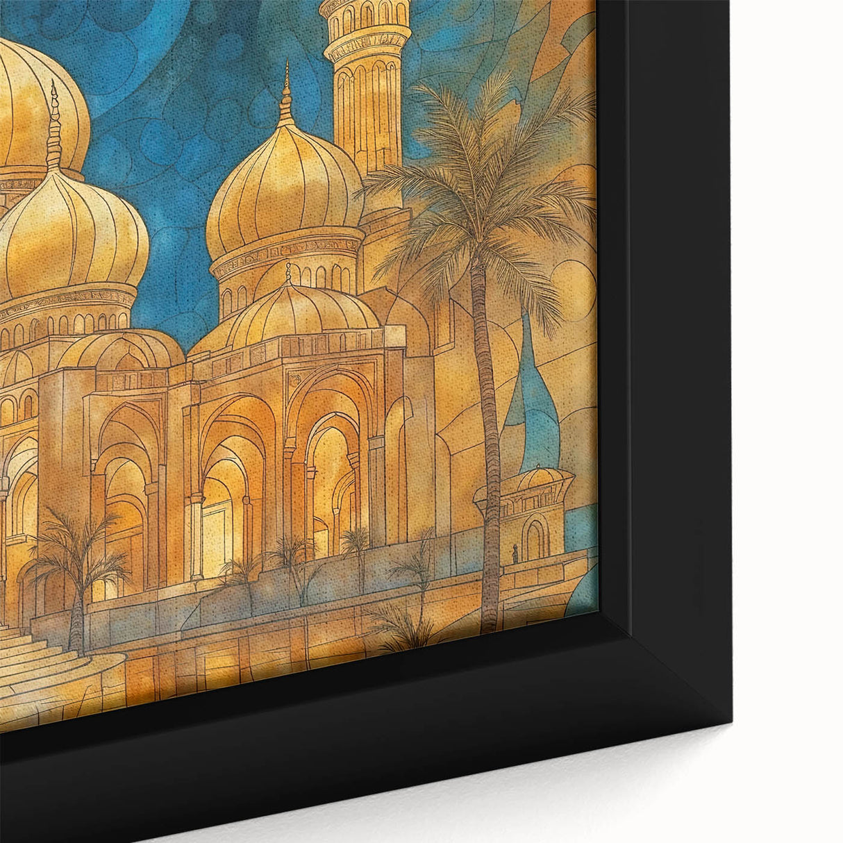 Extra large framed canvas featuring a textured, colorful Middle Eastern scenery, ideal for living room decor.