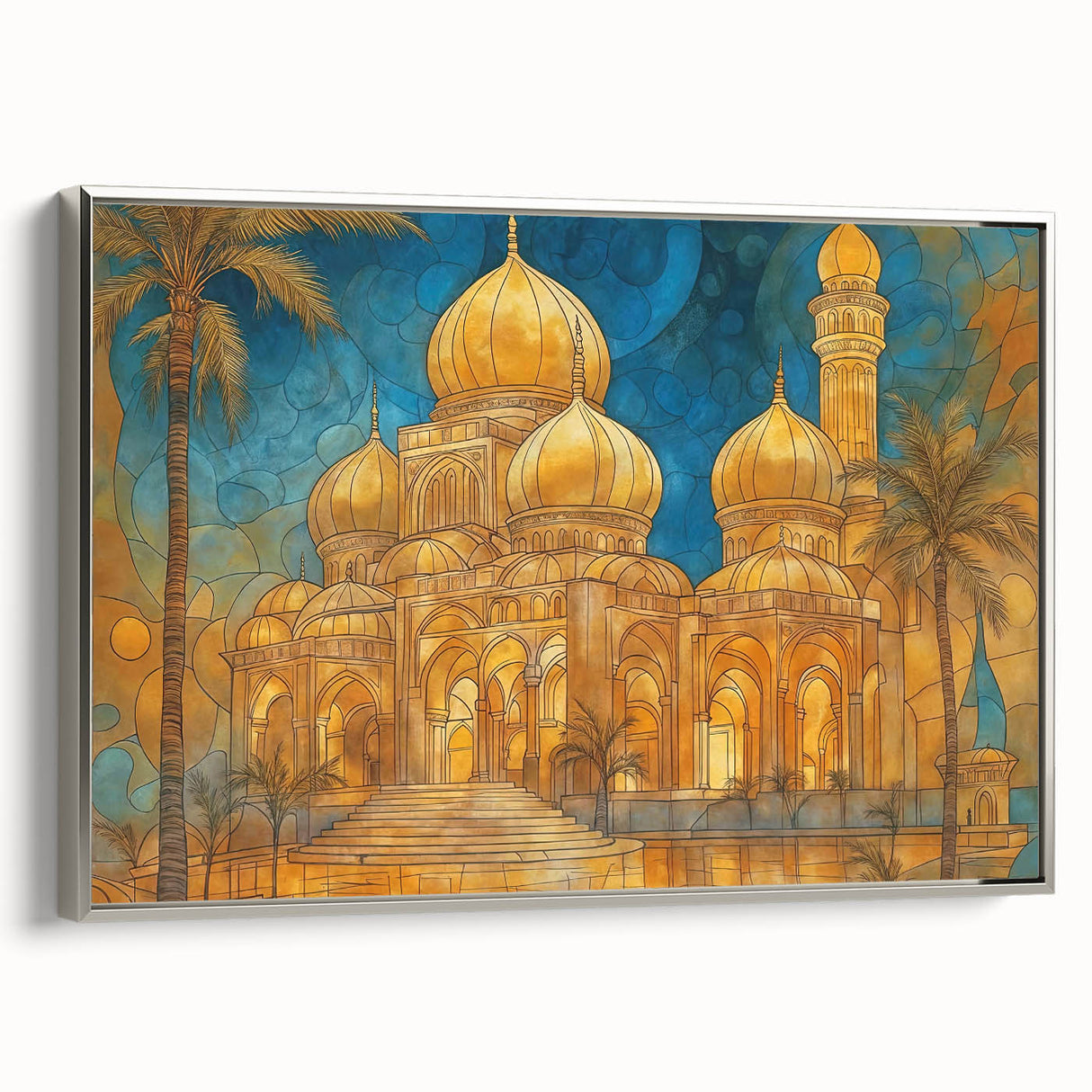 Landscape art painting of a Middle Eastern scenery in Iraq on a framed canvas with silver edges.