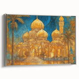 Landscape art painting of a Middle Eastern scenery in Iraq on a framed canvas with silver edges.