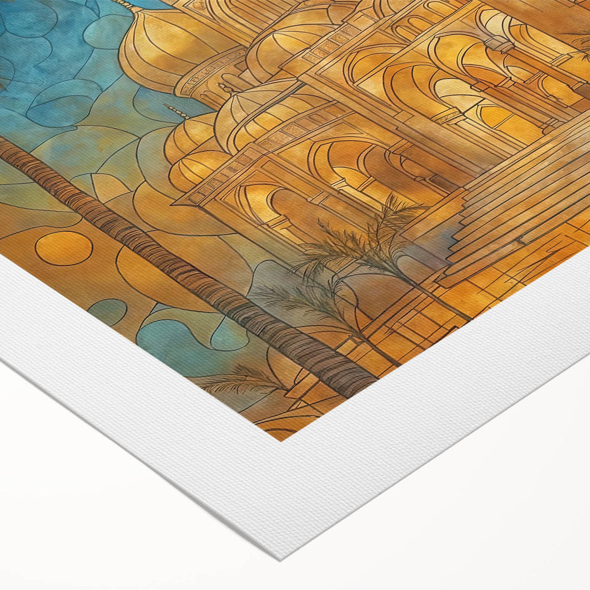 Art deco poster depicting a Middle Eastern scenery in muted earth tones on rolled canvas, suitable for dining room decor.