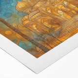 Art deco poster depicting a Middle Eastern scenery in muted earth tones on rolled canvas, suitable for dining room decor.