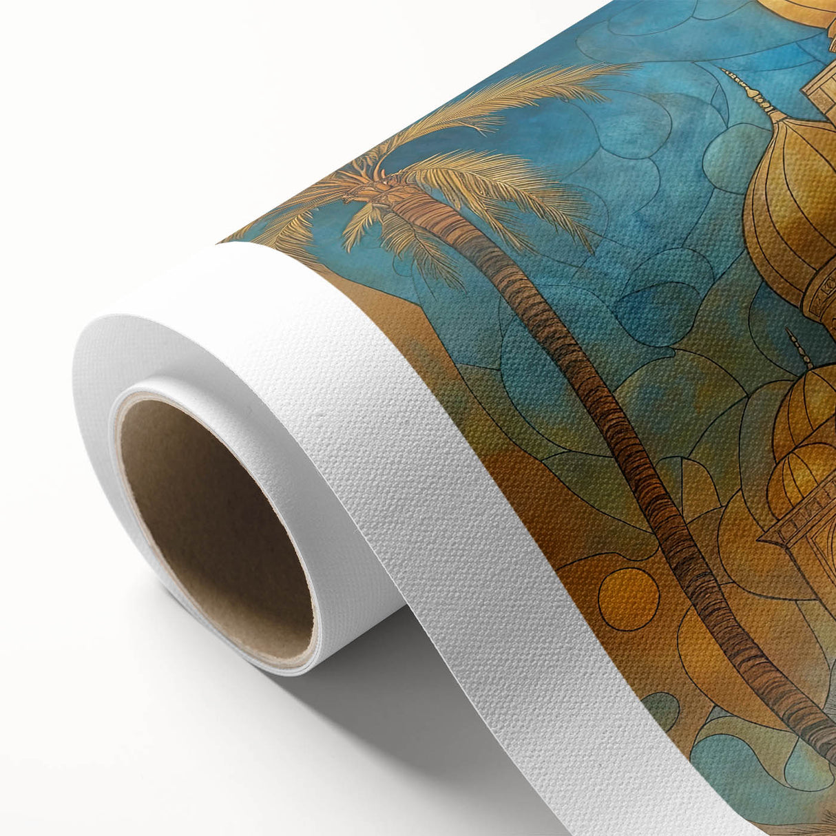 Art Deco-style poster depicting a serene Middle Eastern landscape on rolled canvas, ideal for nursery wall art.