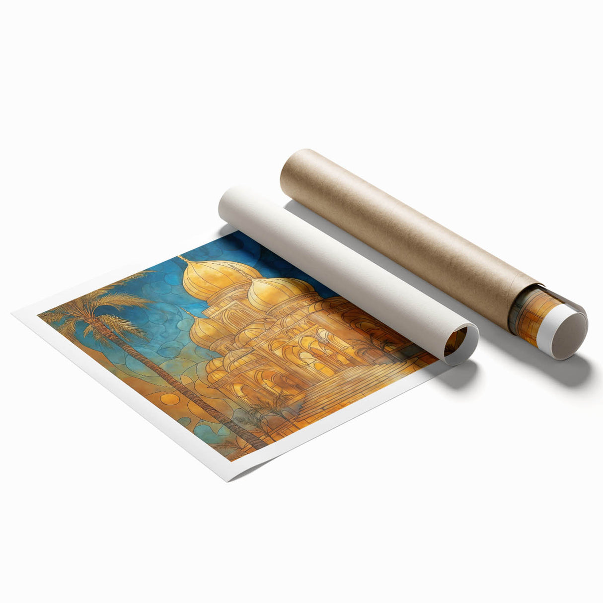 Extra large rolled print of Middle Eastern scenery with floral elements in muted earth tones.