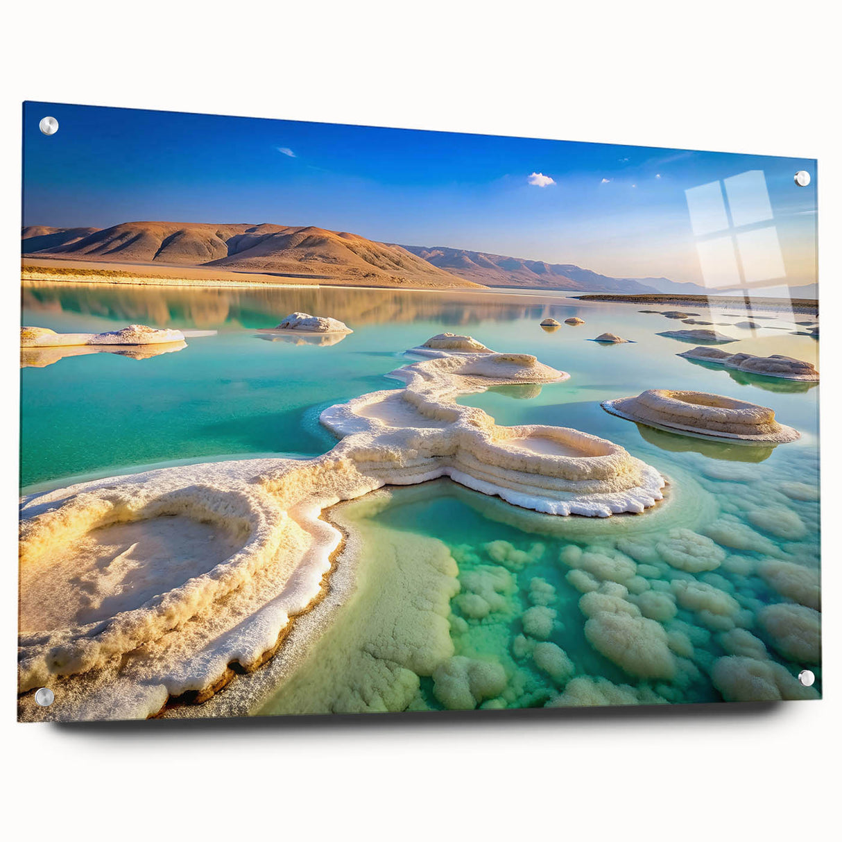 Acrylic print of the Dead Sea in muted blue and gray tones, ideal for dining room decor.