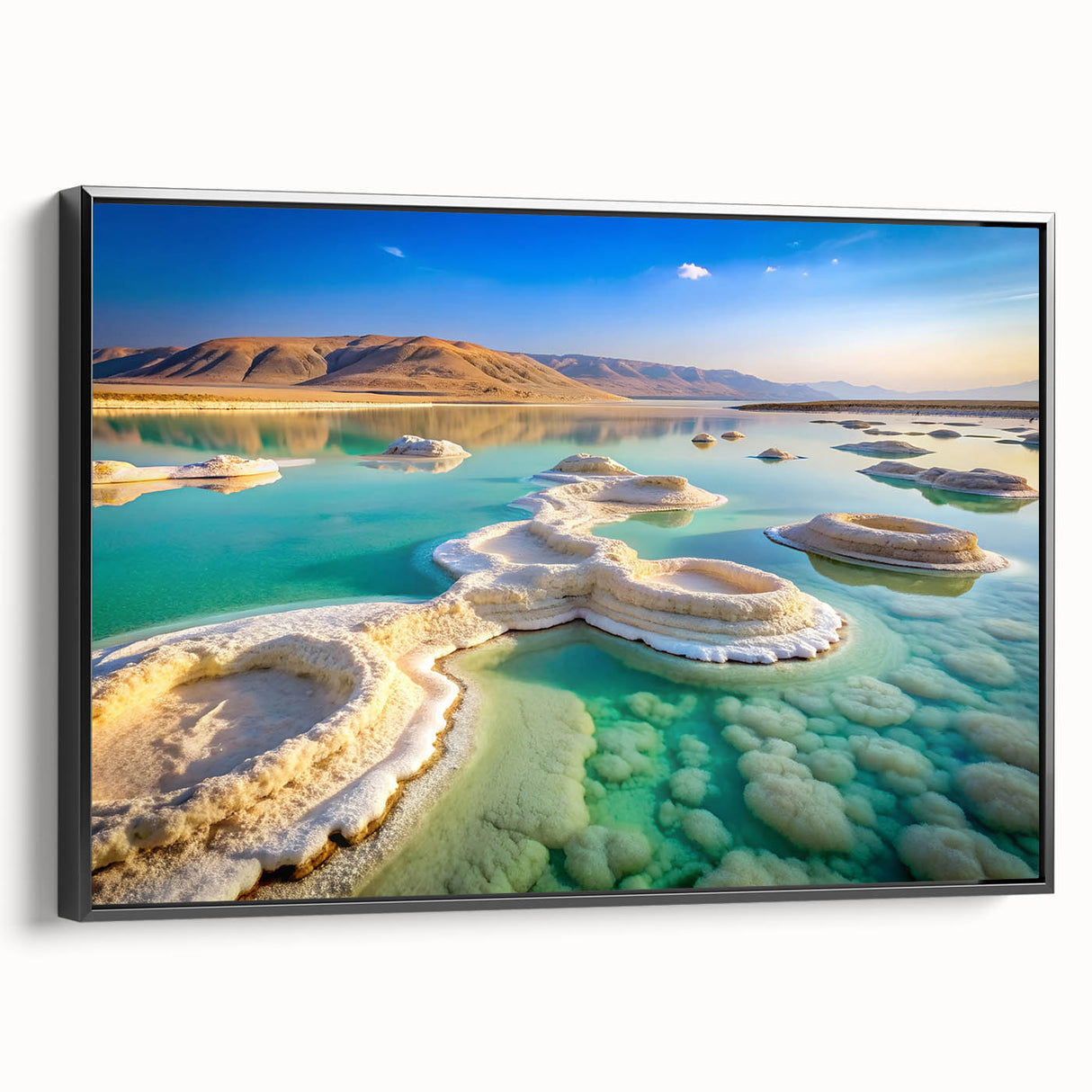 Black and white framed canvas of the Dead Sea landscape, ideal for bedroom wall decor.