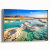 Landscape art painting of the Dead Sea with muted blue and beige tones on a framed canvas, suitable for living room decor.