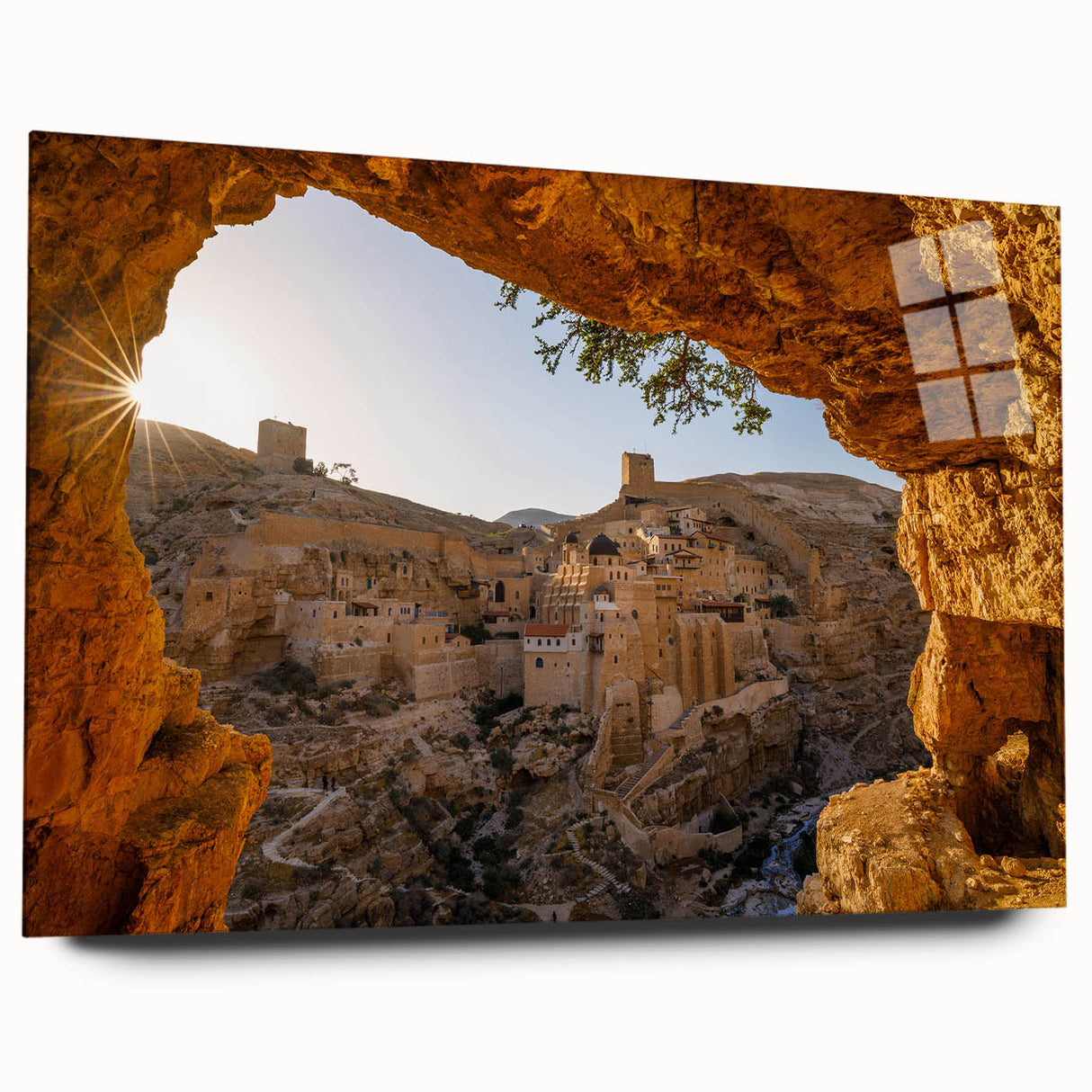 Large abstract wall art depicting the Jerusalem skyline in muted earth tones on acrylic glass.