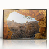 Framed acrylic print of Jerusalem skyline in gold and beige tones, ideal for modern art wall decor.