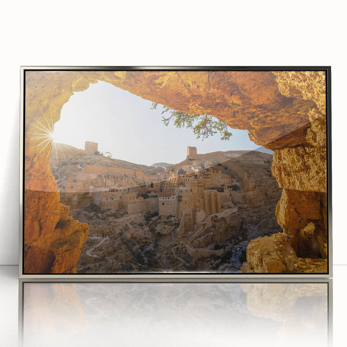 Mid-century modernist art depicting Jerusalem skyline in muted earth tones on a framed acrylic print.