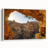 Vintage poster art of Jerusalem in vibrant colors on a white framed canvas, suitable for living room decor.
