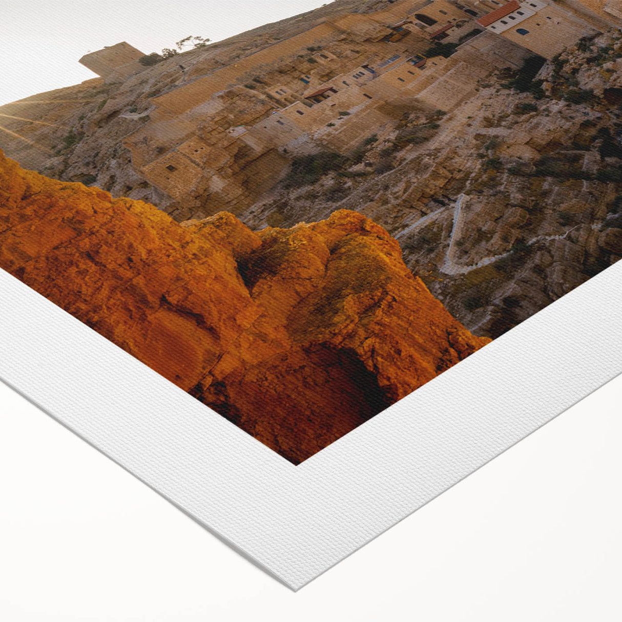 Art deco poster of Jerusalem skyline in muted gold and blue tones on rolled canvas, suitable for dining room wall art.