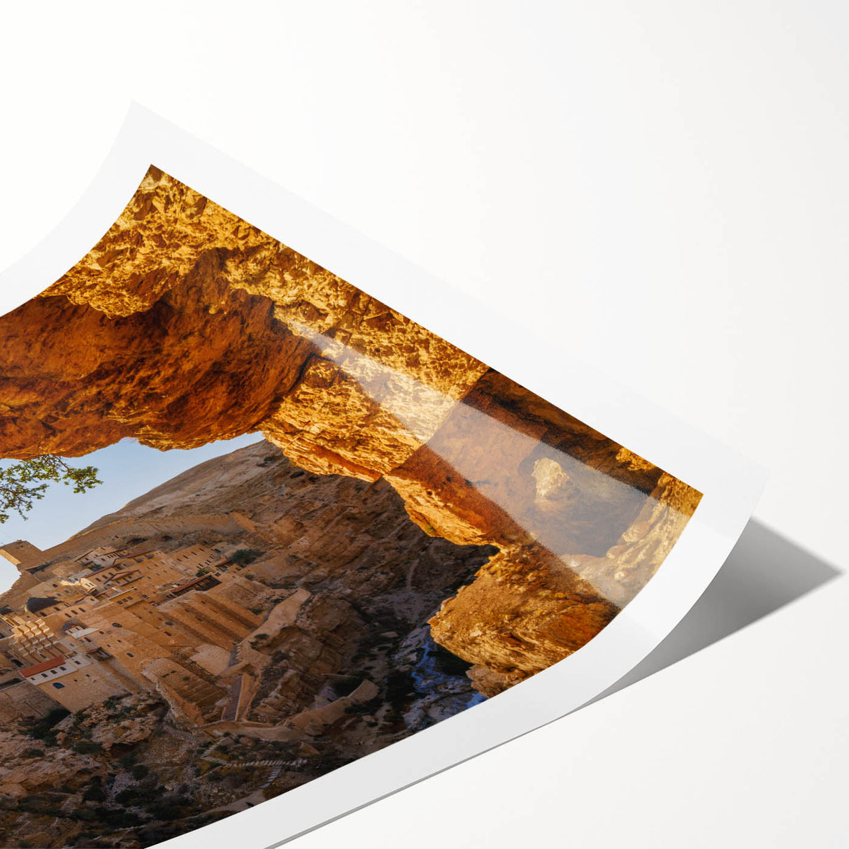 Extra large wall art featuring line art flowers and Jerusalem scenery in neutral tones on a rolled print.