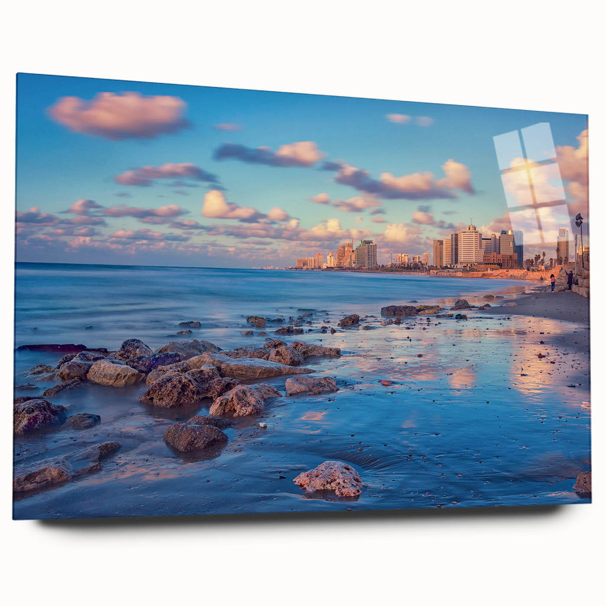 Large abstract wall art of Tel Aviv skyline in muted blue and gray tones on acrylic glass.