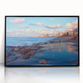 Large abstract wall art of Tel Aviv skyline in muted gray and blue tones on framed acrylic.