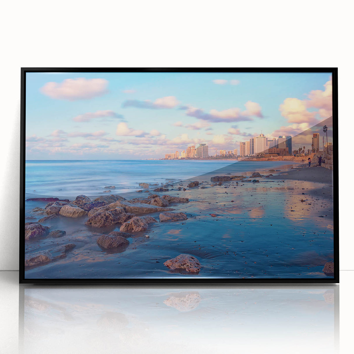 Large abstract wall art of Tel Aviv skyline in muted gray and blue tones on framed acrylic.
