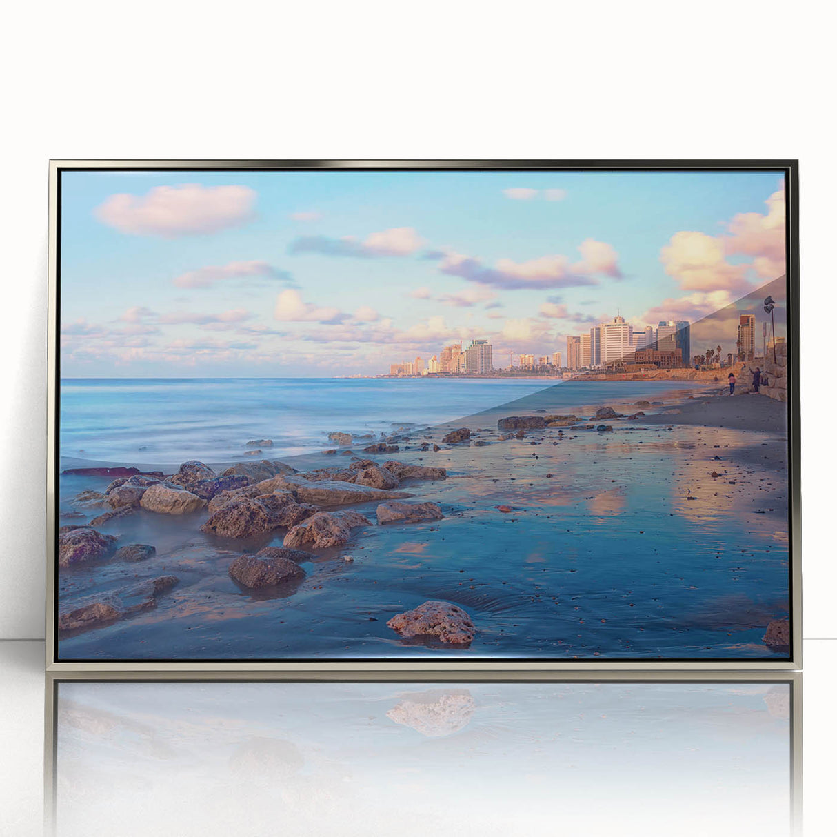 Mid-century modernist art of Tel Aviv skyline in muted earth tones on a framed acrylic print.