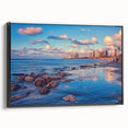 Black and white framed canvas of Tel Aviv landscape in vintage poster style, ideal for bedroom decor.