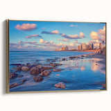 Framed canvas depicting a vintage-style Tel Aviv landscape in muted gold and black tones, ideal for bedroom wall art.