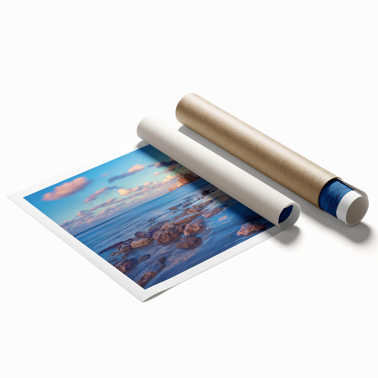 Extra large rolled print of Tel Aviv scenery with floral elements in muted earth tones.