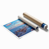 Extra large rolled print of Tel Aviv scenery with floral elements in muted earth tones.