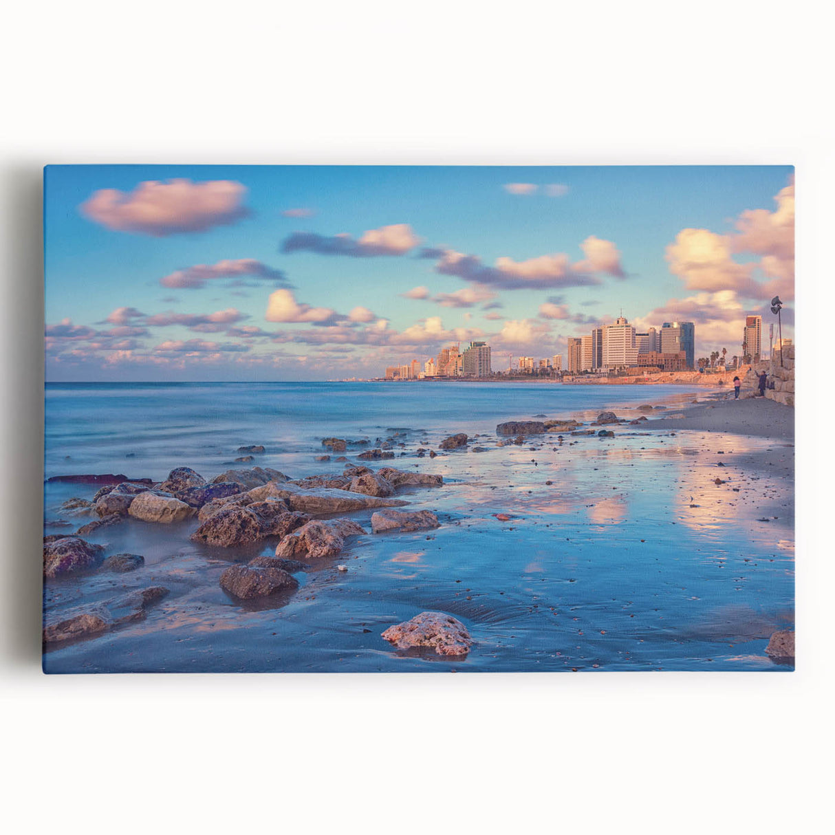 Black and white large art print of Tel Aviv skyline on stretched canvas, suitable for kitchen wall art.